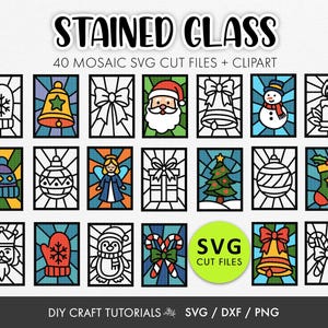 May include: A collection of 40 stained glass mosaic designs, including a bell, Santa Claus, a snowman, and a Christmas tree. The designs are in black outlines with colorful fillings. Text on the image reads "STAINED GLASS" and "SVG CUT FILES".