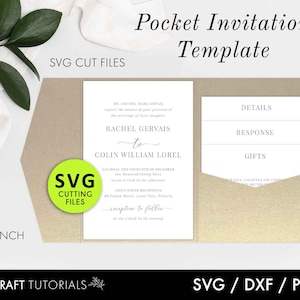 May include: A printable pocket invitation template for a wedding. The template is 5x7 inches and includes a section for details, response, and gifts. The text on the template reads "Rachel Gervais to Colin William Lorel".