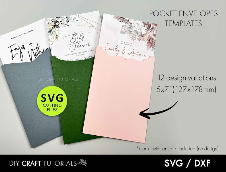May include: A collection of pocket envelope templates in various colors, including gray, green, and pink. Each envelope holds a card with event details. The image includes the text "Pocket Envelopes Templates" and "SVG Cutting Files". The envelopes are 5x7 inches (127x178mm).
