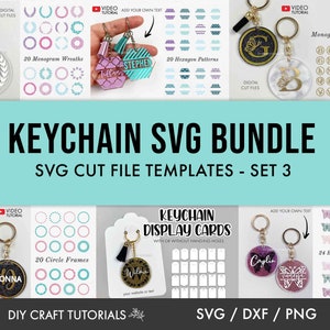 Puede incluir: Un paquete de descarga digital de 20 archivos SVG para crear llaveros. El paquete incluye 20 guirnaldas de monograma, 20 patrones hexagonales, 20 marcos circulares, 24 patrones de mariposas y un alfabeto de monograma. La imagen muestra ejemplos de los diseños en llaveros.