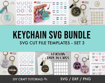 May include: A digital download bundle of 20 SVG cut files for creating keychains. The bundle includes 20 monogram wreaths, 20 hexagon patterns, 20 circle frames, 24 butterfly patterns, and a monogram alphabet. The image shows examples of the designs on keychains.