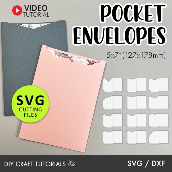 Modelli di buste con manica tascabile 5x7 per Cricut, Silhouette e macchine da taglio - Invito tascabile in formato SVG, Invito a nozze in formato SVG, tascabile in formato SVG