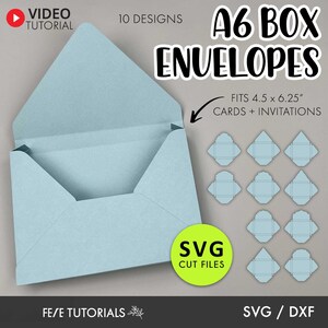 May include: A set of 10 printable A6 box envelope designs, perfect for cards and invitations. The designs are in SVG format and can be cut with a cutting machine. The image shows a light blue envelope with a video tutorial icon and the text "VIDEO TUTORIAL".