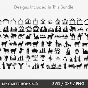 May include: A collection of 60 black and white silhouette SVG cut files featuring various Christmas nativity scene elements, including a stable, a star, a donkey, a camel, a sheep, angels, and the three wise men. The text "Designs Included In This Bundle" is at the top of the image. The text "DIY CRAFT TUTORIALS" is at the bottom left of the image. The text "SVG/DXF/PNG" is at the bottom right of the image.