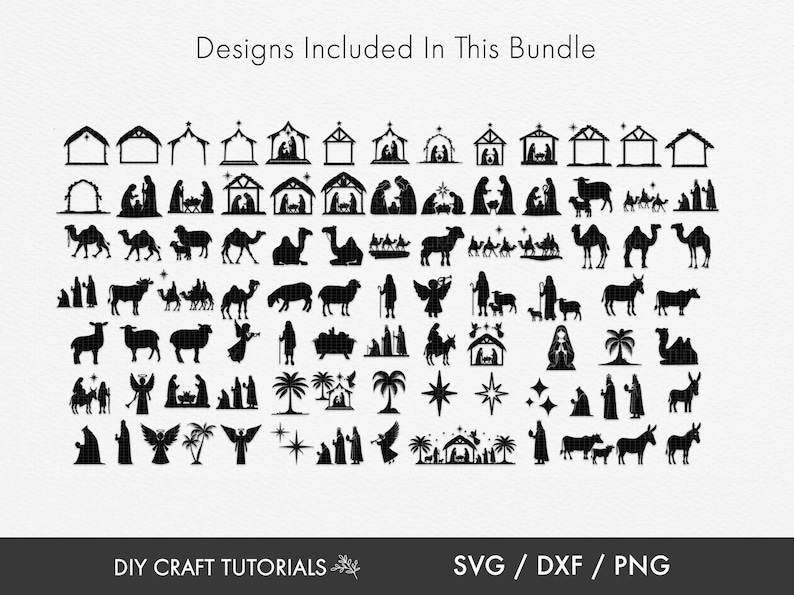 May include: A collection of 60 black and white silhouette SVG cut files featuring various Christmas nativity scene elements, including a stable, a star, a donkey, a camel, a sheep, angels, and the three wise men. The text "Designs Included In This Bundle" is at the top of the image. The text "DIY CRAFT TUTORIALS" is at the bottom left of the image. The text "SVG/DXF/PNG" is at the bottom right of the image.