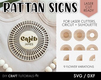 Wooden Name Sign SVG, Rattan sign svg, Baby name sign svg, boho flower svg, Rattan SVG, glowforge svg, laser cut files, wood sign svg