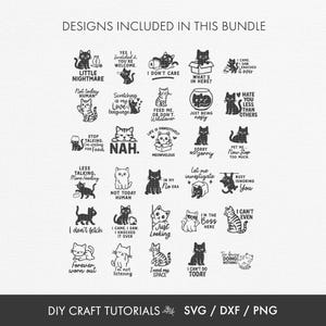Peut inclure: Ensemble de motifs de chats en noir et blanc avec des phrases telles que "Little Nightmare", "Not Today Human" et "I Don't Care". Ces motifs sont parfaits pour les projets de bricolage et sont disponibles en formats SVG, DXF et PNG.