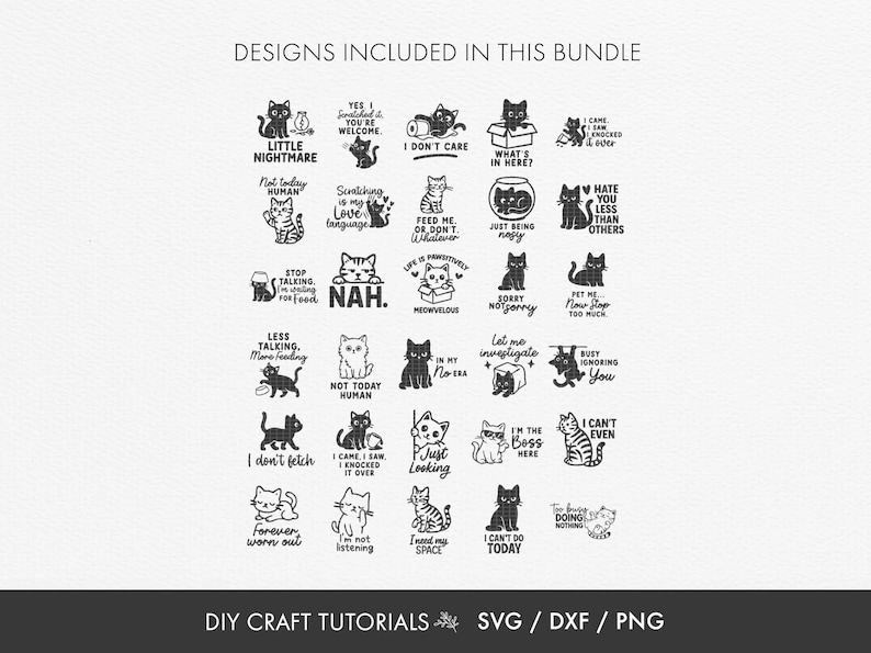 Peut inclure: Ensemble de motifs de chats en noir et blanc avec des phrases telles que "Little Nightmare", "Not Today Human" et "I Don't Care". Ces motifs sont parfaits pour les projets de bricolage et sont disponibles en formats SVG, DXF et PNG.