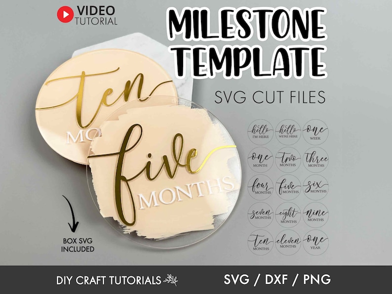 May include: A set of 12 SVG cut files for creating milestone markers. The files include designs for "hello I'm here", "hello we're here", "one week", "one month", "two months", "three months", "four months", "five months", "six months", "seven months", "eight months", "nine months", "ten months", "eleven months", and "one year".