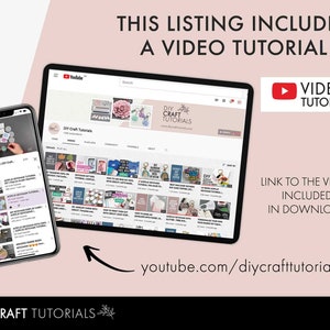 May include: A screenshot of a YouTube video tutorial on DIY crafts. The video is titled "DIY Craft Tutorials" and the channel is "DIY Craft Tutorials". The video is about making resin crafts. The image also includes a text overlay that says "This listing includes a video tutorial" and "Link to the video included in download".