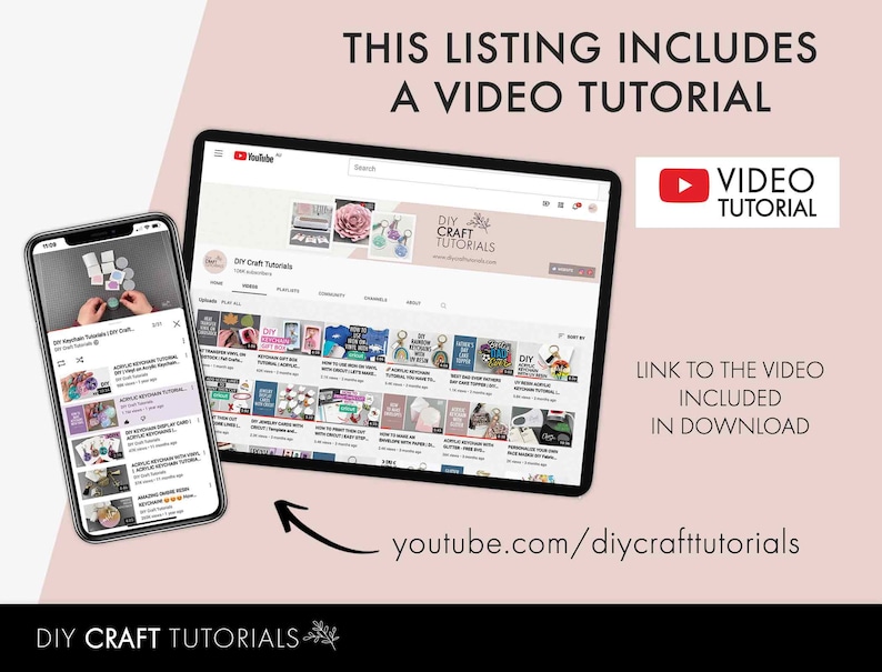 May include: A screenshot of a YouTube video tutorial on DIY crafts. The video is titled "DIY Craft Tutorials" and the channel is "DIY Craft Tutorials". The video is about making resin crafts. The image also includes a text overlay that says "This listing includes a video tutorial" and "Link to the video included in download".