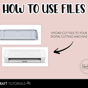 Puede incluir: Dos m&aacute;quinas de corte digitales, una plateada y otra blanca, con el texto "UPLOAD CUT FILES TO YOUR DIGITAL CUTTING MACHINE" y un logotipo para DIY CRAFT TUTORIALS.