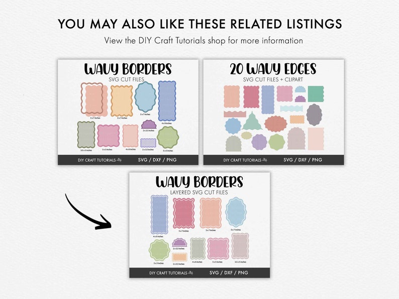May include: Three digital design listings for wavy borders. The first listing is for wavy borders, the second is for 20 wavy edges, and the third is for layered wavy borders. All listings are available in SVG, DXF, and PNG formats.