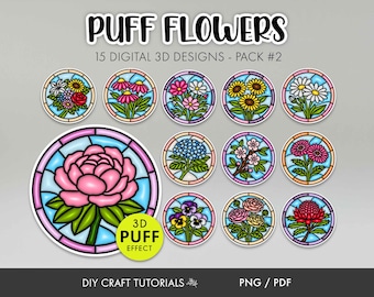 3D Puff Effect Flower Stickers | Stained Glass Floral PNG Bundle