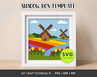 Dutch Windmill Shadow Box SVG | Holland Tulip Fields Layered Paper Art