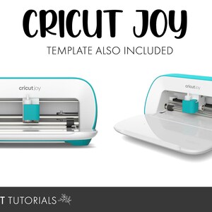 May include: A white and teal Cricut Joy cutting machine with the lid open. The machine has a cutting mat and a tool holder. The text "Cricut Joy" is printed on the front of the machine. The text "TEMPLATE ALSO INCLUDED" is printed below the machine.