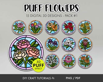 Stained Glass Flower Sticker PNG Bundle | Printable Floral Stickers | 3D Puff Effect Flowers