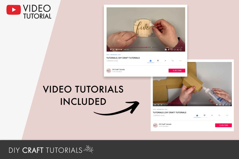 May include: Two YouTube video thumbnails showing DIY craft tutorials. The first video shows a person making a wooden sign that says "five". The second video shows a person assembling a cardboard box.