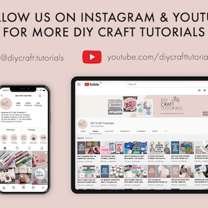 May include: A screenshot of a phone and tablet displaying the Instagram and YouTube pages for DIY Craft Tutorials. The Instagram page shows a profile picture of a pink heart with the words "DIY Craft" inside. The YouTube page shows a banner with the words "DIY Craft Tutorials" and a pink flower. Both pages feature a variety of craft projects.