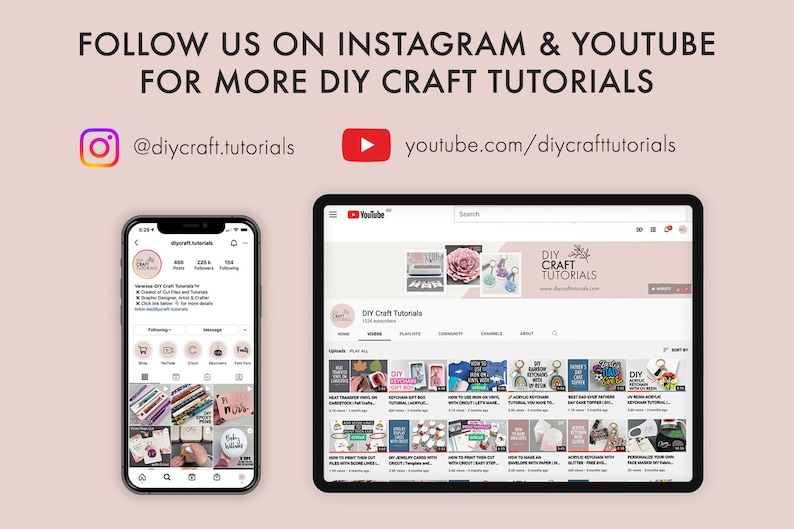 May include: A screenshot of a phone and tablet displaying the Instagram and YouTube pages for DIY Craft Tutorials. The Instagram page shows a profile picture of a pink heart with the words "DIY Craft" inside. The YouTube page shows a banner with the words "DIY Craft Tutorials" and a pink flower. Both pages feature a variety of craft projects.