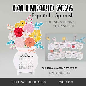 K&ouml;nnte beinhalten: Spanischer Kalender 2026 mit Blumenvase und separater Kalenderanzeige. Der Text "CALENDARIO 2026 Espa&ntilde;ol - Spanish" steht oben. Enth&auml;lt SVG/PDF-Dateien. Geeignet f&uuml;r Schneidemaschine oder Handschnitt.