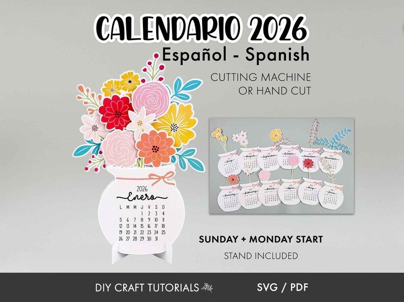 K&ouml;nnte beinhalten: Spanischer Kalender 2026 mit Blumenvase und separater Kalenderanzeige. Der Text "CALENDARIO 2026 Espa&ntilde;ol - Spanish" steht oben. Enth&auml;lt SVG/PDF-Dateien. Geeignet f&uuml;r Schneidemaschine oder Handschnitt.