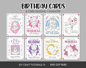 Girls Birthday Card SVG Bundle: 8 Cute Insert Cards and Envelope