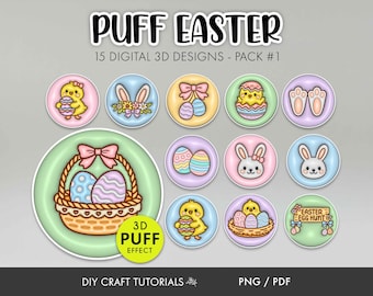 Puff Easter Stickers PNG Bundle | 3D Bunny, Chick, Egg Clipart