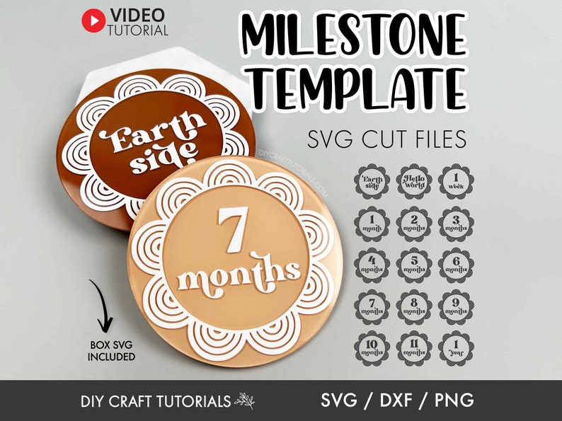 May include: A set of 12 SVG cut files for milestone markers. The files feature a variety of designs, including "Earth Side", "Hello World", "1 Week", "1 Month", "2 Months", "3 Months", "4 Months", "5 Months", "6 Months", "7 Months", "8 Months", "9 Months", "10 Months", "11 Months", and "1 Year".