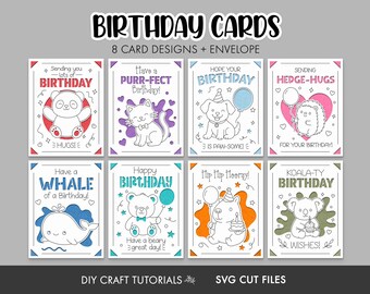 Cute Animal Birthday Card SVG Bundle: 8 Insert Cards and A2 Envelope