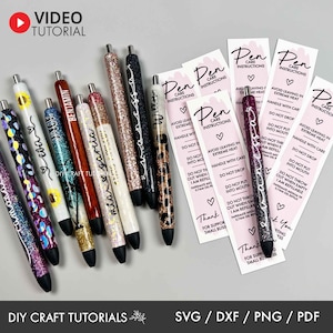 May include: A collection of glitter pens with various designs and personalized names, alongside pink care instruction cards. The pens feature colors like purple, gold, and black. The image includes the text "VIDEO TUTORIAL" and "DIY CRAFT TUTORIALS".