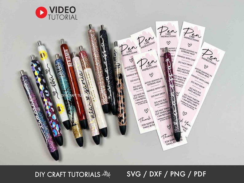 May include: A collection of glitter pens with various designs and personalized names, alongside pink care instruction cards. The pens feature colors like purple, gold, and black. The image includes the text "VIDEO TUTORIAL" and "DIY CRAFT TUTORIALS".