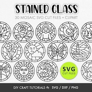 May include: A collection of black and white stained glass designs in circular frames. The image shows various motifs, including a rose, angel, bird, and butterfly. Text at the top reads "STAINED GLASS". The image also includes the text "SVG CUT FILES".