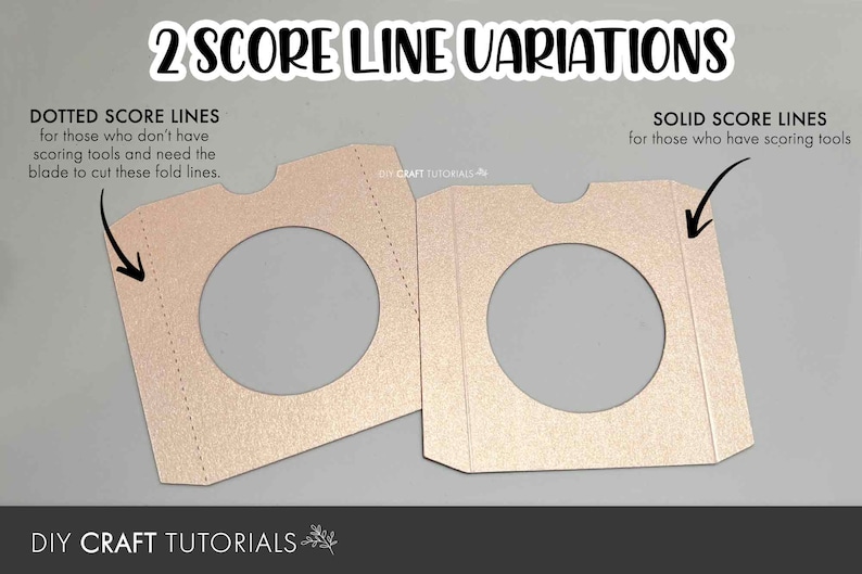 May include: Two variations of score lines for paper crafts. The first image shows dotted score lines, which are ideal for those who don't have scoring tools. The second image shows solid score lines, which are ideal for those who have scoring tools. Both images show a light brown cardstock with a circle cut out in the center.