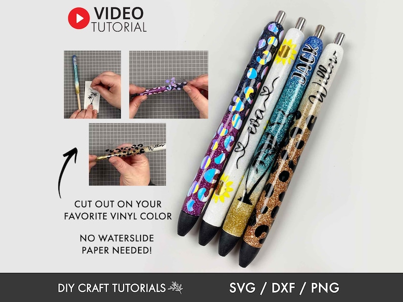 Puede incluir: Cuatro bol&iacute;grafos personalizados con diferentes dise&ntilde;os y colores. Los bol&iacute;grafos est&aacute;n decorados con purpurina, vinilo y nombres. El texto en los bol&iacute;grafos dice "eva", "Jack", "Willow" y un dise&ntilde;o de palmera. Los bol&iacute;grafos est&aacute;n sobre un fondo blanco.
