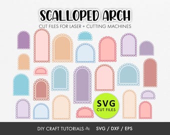 May include: A collection of colorful scalloped arch cut files for laser and cutting machines. The designs include various pastel colors like pink, blue, purple, and peach. The image also includes the text "SCALLOPED ARCH" and "SVG CUT FILES".