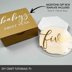 May include: A brown cardboard gift box with the text "baby's first year" printed on the top. A clear acrylic disc with a pink background and gold text that reads "five months" is also shown. The box is designed to hold 4 inch (10 cm) discs.