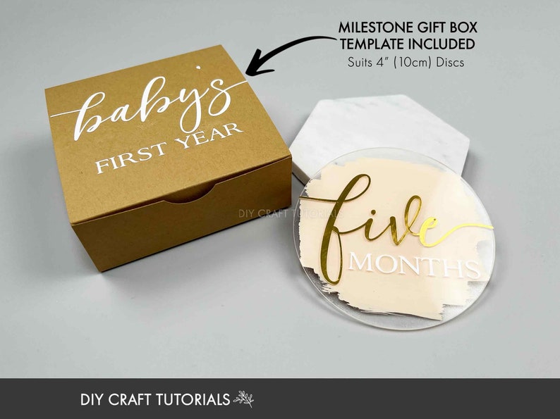 May include: A brown cardboard gift box with the text "baby's first year" printed on the top. A clear acrylic disc with a pink background and gold text that reads "five months" is also shown. The box is designed to hold 4 inch (10 cm) discs.