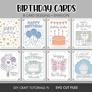 Pode incluir: Uma coleção de oito designs de cartões de aniversário com ilustrações de balões, bolos, presentes, estrelas e uma borboleta. Os cartões incluem textos como Happy Birthday, Birthday Wishes e Hip Hip Hooray. Inclui um design de envelope.