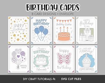 Classic Birthday Card SVG Bundle: 8 Insert Cards and Envelope Template