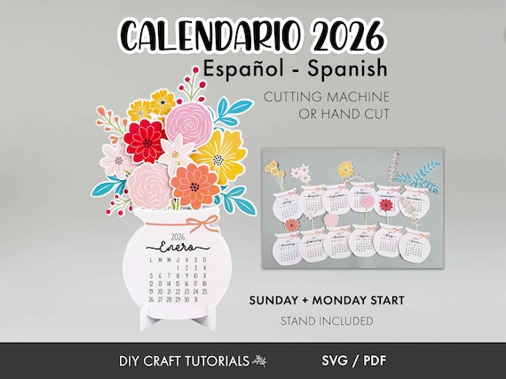 Calendario 2026 Español SVG PDF | Spanish Flower Vase Calendar Template