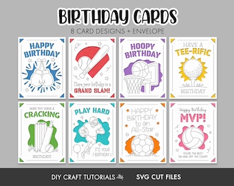 Sport Birthday Card SVG Bundle: 8 Cards, Envelope Template
