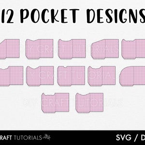 May include: A graphic featuring 12 pocket designs in various shapes and styles, rendered in pink with a grid pattern. The text "12 POCKET DESIGNS" is at the top. The bottom of the image includes the text "DIY CRAFT TUTORIALS" and "SVG / DXF".