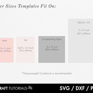 May include: A graphic showing different paper sizes and their measurements in inches and millimeters. The paper sizes include Letter, A4, Tabloid/A3, and Scrapbooking Paper. The text "Heavyweight Cardstock is recommended" is included below the paper sizes.