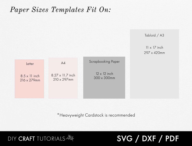 May include: A graphic showing different paper sizes and their measurements in inches and millimeters. The paper sizes include Letter, A4, Tabloid/A3, and Scrapbooking Paper. The text "Heavyweight Cardstock is recommended" is included below the paper sizes.