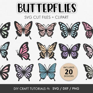 Könnte beinhalten: Eine Sammlung von 20 Schmetterlingsdesigns in verschiedenen Farben, darunter Rosa, Blau und Lila. Das Bild enthält den Text "BUTTERFLIES" und "SVG CUT FILES + CLIPART". Geeignet für DIY-Bastelprojekte.