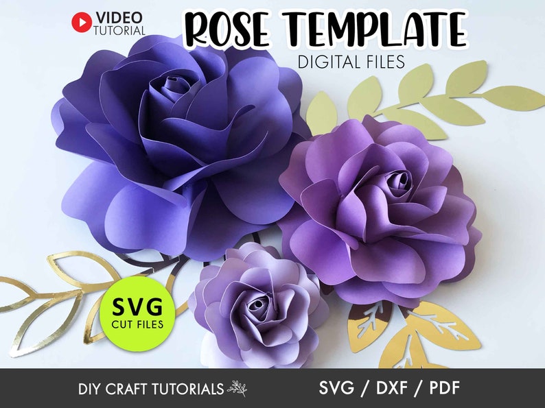 Puede incluir: Plantilla de flor de rosa de papel morado para descargar digitalmente. Archivos SVG, DXF y PDF para manualidades. Tutoriales de manualidades de bricolaje incluidos.