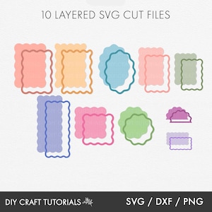May include: Ten layered SVG cut files for crafting. The files feature various shapes and colors, including pink, blue, green, and purple. The text "10 LAYERED SVG CUT FILES" is at the top of the image. The text "DIY CRAFT TUTORIALS" is at the bottom left of the image. The text "SVG / DXF / PNG" is at the bottom right of the image.