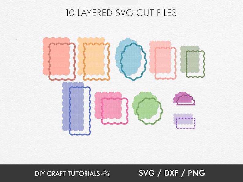 May include: Ten layered SVG cut files for crafting. The files feature various shapes and colors, including pink, blue, green, and purple. The text "10 LAYERED SVG CUT FILES" is at the top of the image. The text "DIY CRAFT TUTORIALS" is at the bottom left of the image. The text "SVG / DXF / PNG" is at the bottom right of the image.