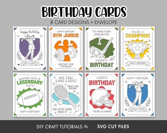 Sports Birthday Card SVG Bundle: 8 Insert Cards and Envelope template